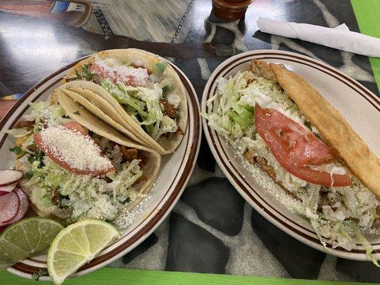 Tacos Al pastor y quesadilla frita con pollo