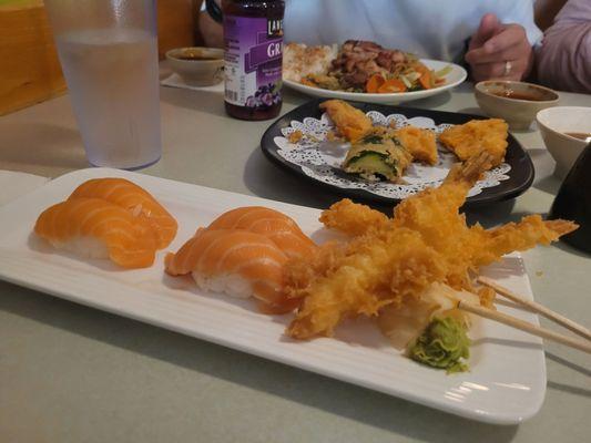 Salmon Nigiri and Tempura Shrimp