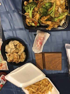 Egg roll, fried dumpling, large fries and chicken/broccoli combo.