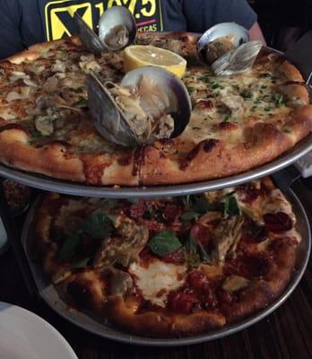 Top: clam pizza bottom:arrabbiata pizza with pepperoni and artichoke hearts