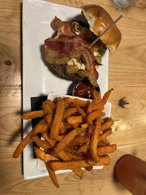 Southern Belle Burger with a side of sweet potato fries