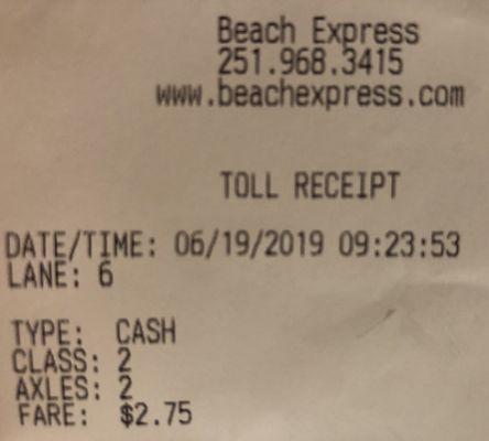 6/19/19. Wednesday morning. Receipt. On our way out. Back to Shreveport, Louisiana. Orange Beach, you were good to us. We love you!