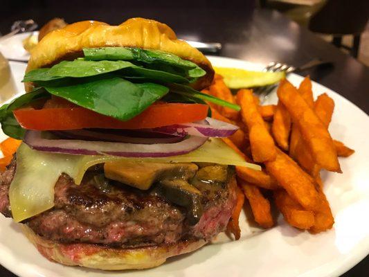 Gruyere and 'shrooms Burger with sweet potato French fries