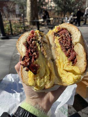 Everything bagel with pastrami egg and cheese.