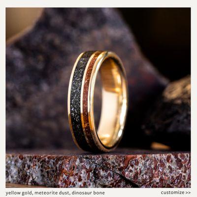 custom gold, meteorite and dinosaur bone wedding band