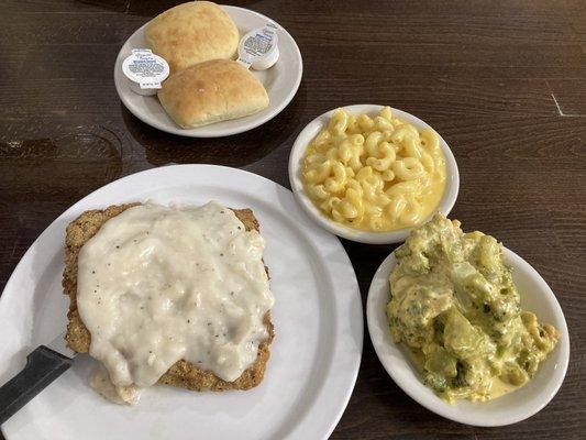 Country Fried Steak with Dinner Rolls, Broccoli Casserole, and Macaroni & Cheese