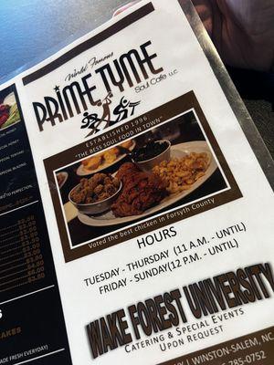 Prime Tyme Soul Cafe menu