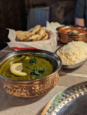 Palak Paneer, Naan, Rice, and Lamb Vindaloo