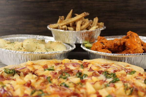 pizza, wings, garlic knots and fries!