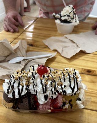 Old fashioned banana split and brownie sundae