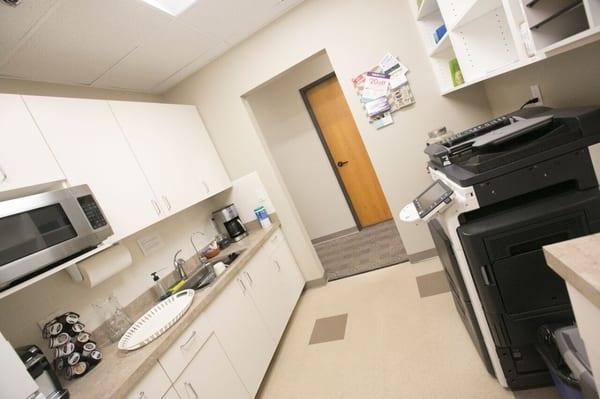 Copier Room with Mailboxes. Mailbox rental available. Kitchen with Fridge, Micro, Coffee Maker, Keurig, Tea.