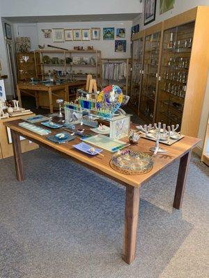 Walnut table in Brookline gallery.