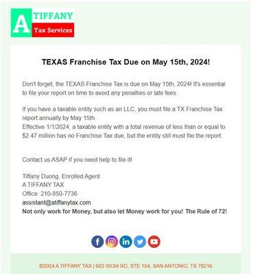 TEXAS Franchise Tax Due on May 15th, 2024!