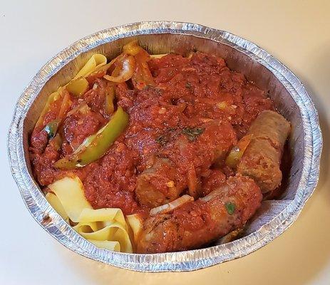 Sausage, Green Peppers and Onion on Fettuccine