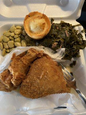 Fried chicken, greens, lima beans, and a corn muffin.