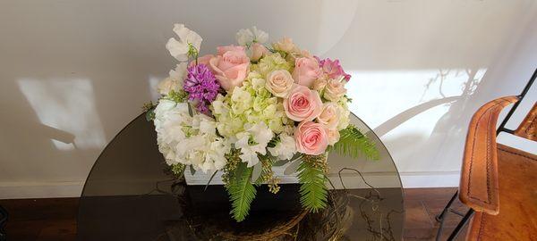 Beautiful hydrangeas.  Whitewash container box.