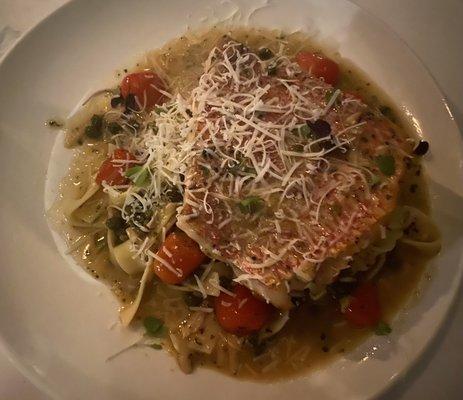 Red Snapper with Fettuccini noodles.