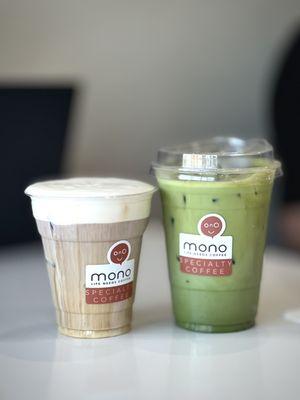 Einspanner and iced matcha latte with oat milk