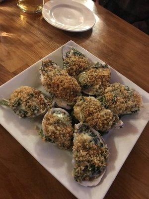 Oysters Rockefeller cooked to perfection.