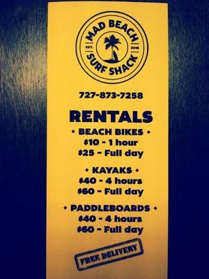 Best bike rental rates in Madeira Beach. Also free delivery for paddle board rentals to all surrounding beaches.