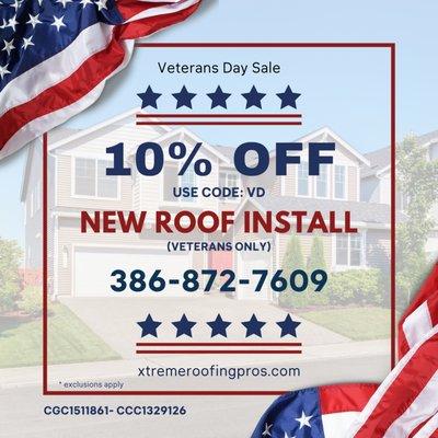 Happy Veterans Day! Veterans, enjoy 10% OFF new roof install