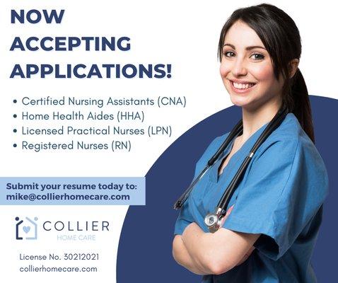 If you'd like to join our top-rated team, please send your resume to mike@collierhomecare.com today!