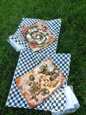 One margherita and one daily special sausage and jalapenos.