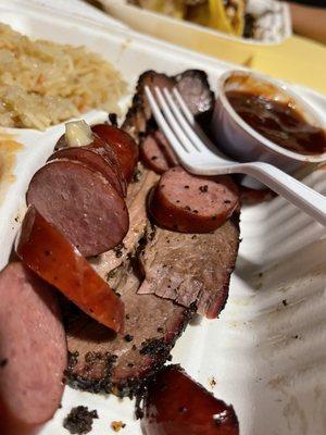 2 meat plate with Brisket, Sausage, rice and beans