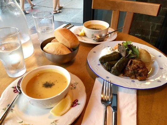 Red lentil soup sharing with two ($6), small meze plate ($15), and complimentary bread