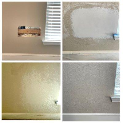 Drywall Hole Repair 
Install drywall 
Tape and Bed ( Skim Coat ) 
Apply matching Texture 
Paint