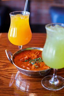 Tikka masala, mango lemonade, lime soda