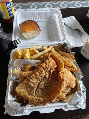 Fried Tilapia and Catfish with Mac & Cheese, Fries, Cornbread