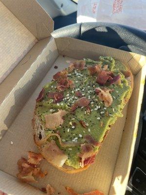 Avocado Toast w bacon, $3.99. Delicious and filling