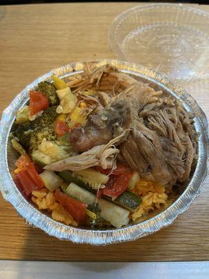 Pulled pork with veggies and yellow rice