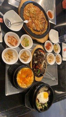 Kimchi pancake, tofu stew, bulgogi, bibimbap