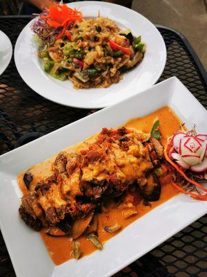 Choo chee (crispy duck in curry) and pad kee mow (spicy stir fry noodles)