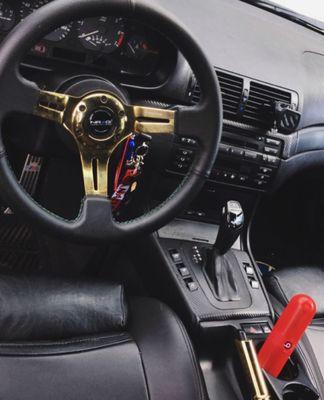 NRG Chrome Gold deep dish steering wheel, upgraded Bimmian shift knob