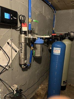 Iron filtration with an Iron Breaker system, GAC for waterborne radon removal, and Viqua D4 premium for bacterial sterilization