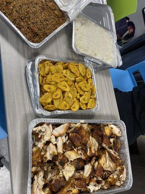 Chicken, tostones, Moro (rice and beans) white rice