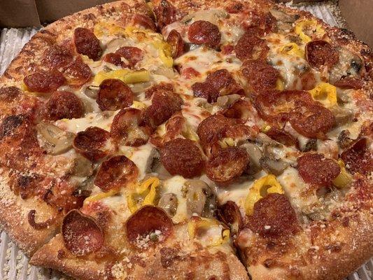 Medium pepperoni, onion, banana peeps and extra cheese