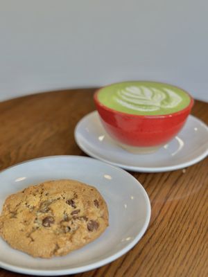 Matcha Latte and Chocolate Chip Cookie