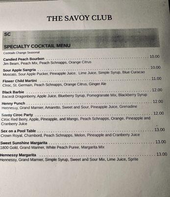 Specialty Cocktail Menu