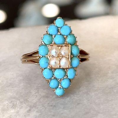 A gorgeous example of unique turquoise jewelry. The ring is from the 1940s and we love the elongated navette style with turquoise and pearls