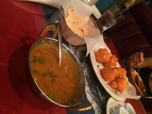 Tomato soup, Dal soup, and pakoras