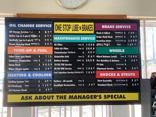 Service Menu and prices