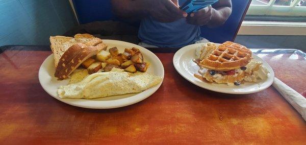 Egg white omelet Stuffed waffle Wheat bread Hash Browns