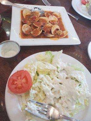 Clams Posilipo/ House salad with blue cheese dressing.