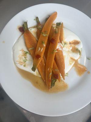 Yuzu goat cheese roasted carrots + hot honey.  Evening menu