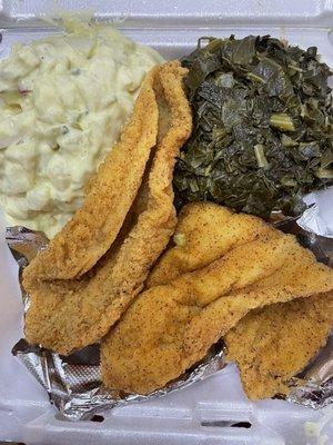 Catfish with collard greens and potato salad