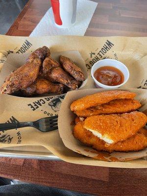 Dry rub wings and boneless tenders.